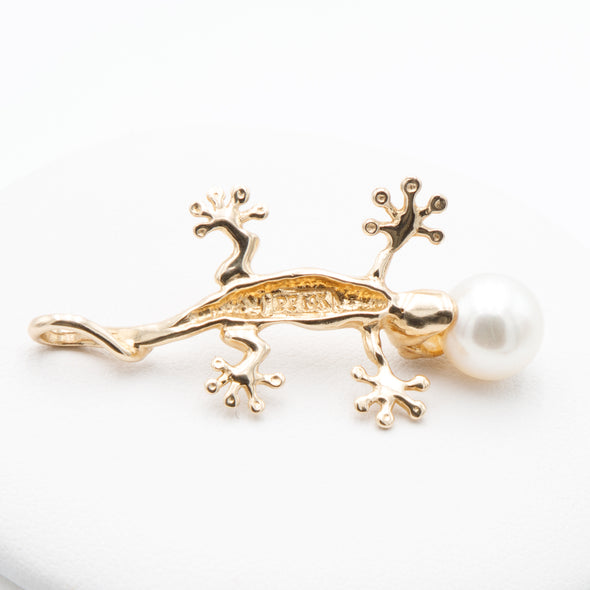 14k Gecko and Pearl Pendant