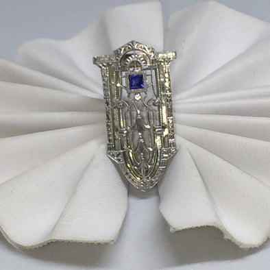 14k White Gold Art Deco Style Clip with Sapphire -  - State Street Jewelry and Loan