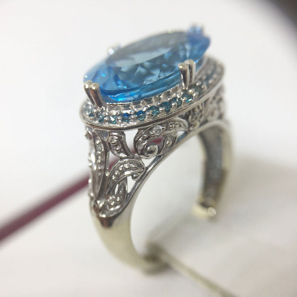 14k White Gold Ring with Oval Cut Blue Topaz and Diamonds -  - State Street Jewelry and Loan