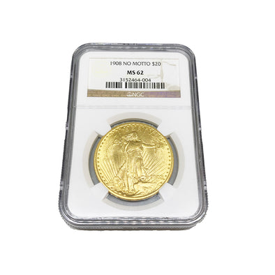 SAINT-GAUDENS $20 1908 GOLD COIN NO MOTTO MS-62